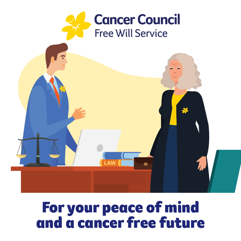 Cancer Council Queensland Free Will Service for your peace of mind and a cancer free future. Lawyer and Cancer Council Supporting staff standing at desk talking.